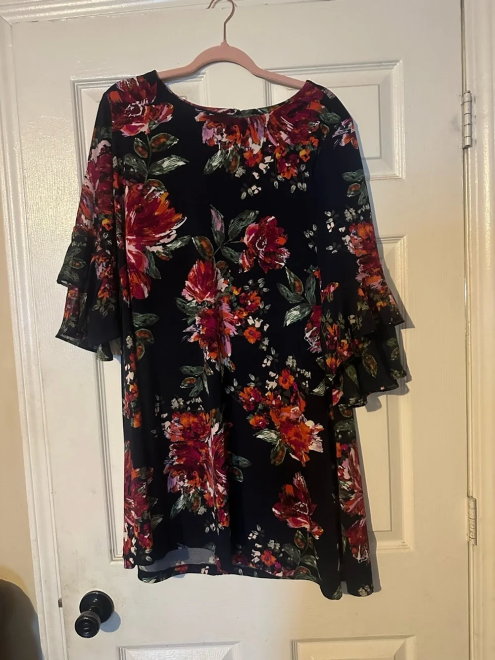 Black Floral Ruffle Sleeve Tunic Dress - Multicolor Flowers - Picture 1 of 3